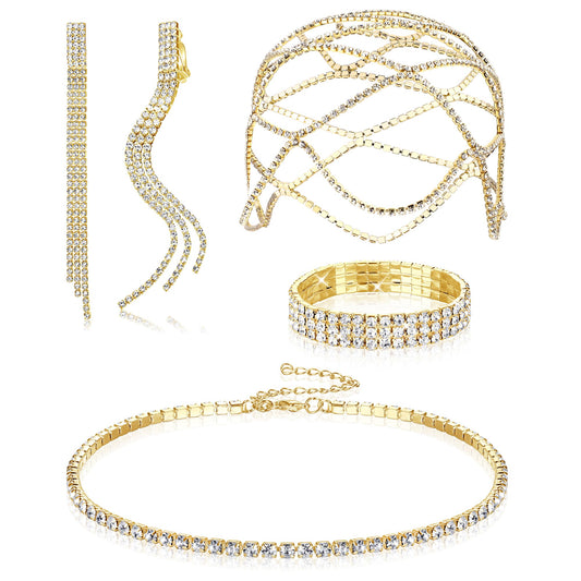 Drperfect Women Rhinestone Jewelry Set Flapper Cap Headpiece Head Jewelry Chains Stretch Bracelet Choker Necklace Dangle Fringe Earrings Silver Accessories for Wedding Jewelry