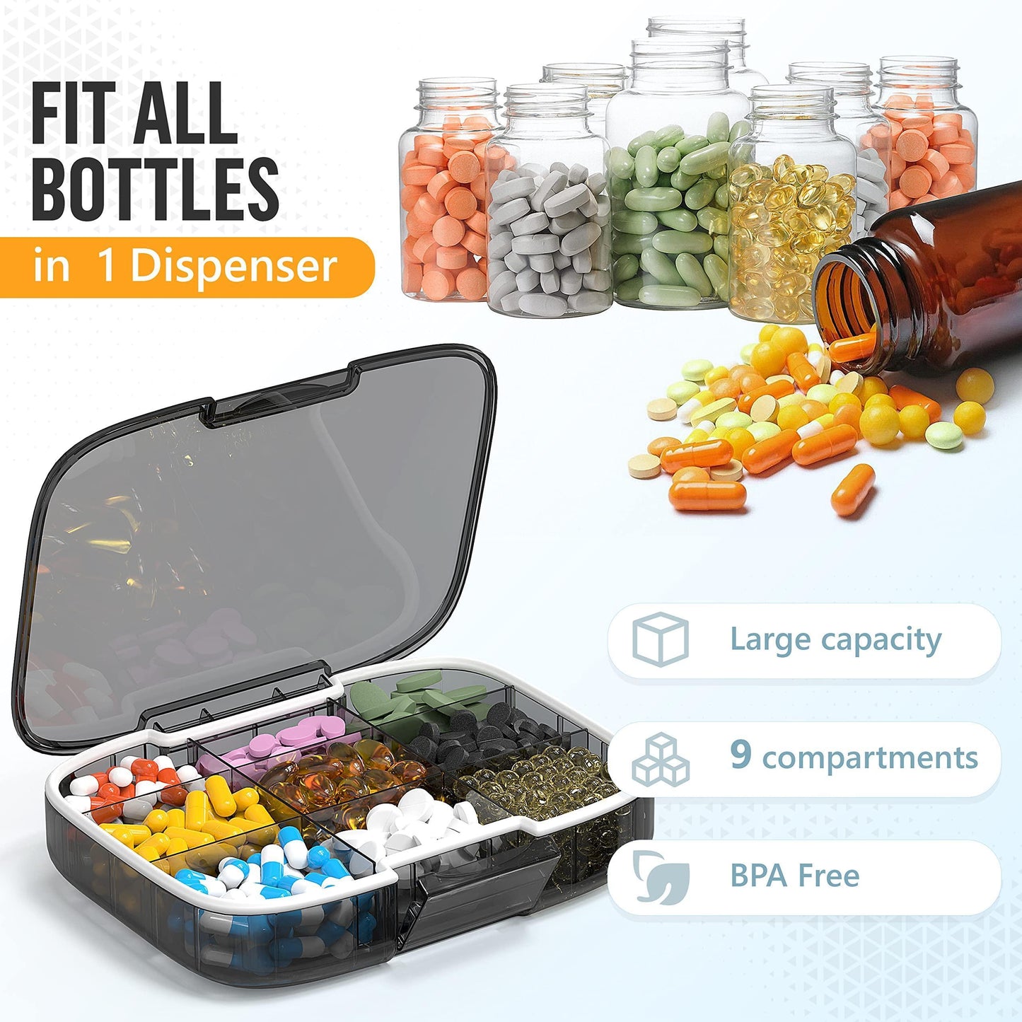 Extra Large Pill Organizer Medicine Case Black Pill Box Adjustable Compartment